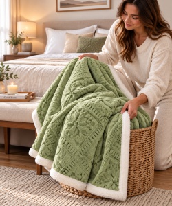 Pătură Cocolino cu blăniță Sherpa, model Romb Floral Embosat, Verde Deschis, 200 × 230 cm