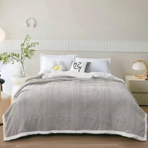 Pătură Cocolino cu blăniță Sherpa, model Tricot Embosat, Gri Deschis, 200 × 230 cm