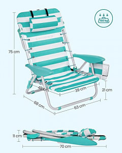 Scaun de plaja, Songmics, Verde-Alb, 63x68x75 cm - Img 7