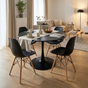 Set masă și 4 scaune Julita-Balou, Negru marmorat/Natural, Ø120 x 73 cm