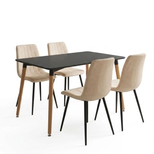 Set masă și 4 scaune Natali-Noor, Alb/Bej/Negru/Natural, 120 x 80 x 76 cm - Img 2