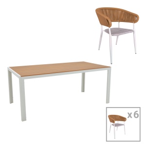 Set Masa si Scaune de Exterior, 7 Piese, Model Nares-Raven, Natural/Alb, 180x90x72.5 cm - Img 1