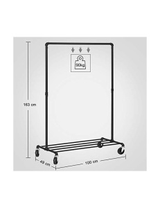 Suport mobil pentru haine cu bară pentru umerașe și raft inferior, pe roți, Oțel, Negru, 100 × 49 × 163 cm - Img 5