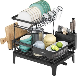Suport pentru vase cu 2 niveluri, tavă de scurgere și suport pentru tacâmuri, gură extensibilă rotativă 360°, Negru, 31 × 42 × 36,5 cm