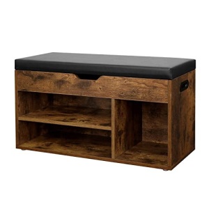Bancă pantofar cu șezut tapițat, 3 compartimente și spațiu de depozitare ascuns, Maro Rustic/Negru, 80 × 30 × 44 cm