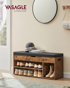 Bancă pentru pantofi cu șezut tapițat, compartiment ascuns și rafturi, Maro Rustic/Negru, 100 × 30 × 44 cm - Img 2