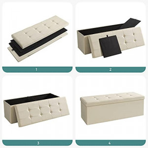 Bancă pliabilă cu spațiu de depozitare 120 L și șezut tapițat, Bej, 110 × 38 × 38 cm - Img 6