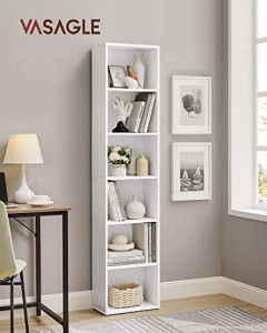 Bibliotecă înaltă cu 6 compartimente și 4 polițe reglabile, Alb, 40 × 24 × 178,5 cm - Img 2