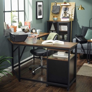 Birou pe Colt Vasagle, model Donald, 149x75x149 cm, Maro Rustic/Negru - Img 3