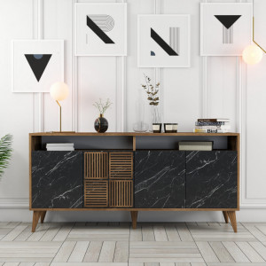 Comoda Model Milan, Nuc/Negru marmorat, 160x35x78 cm - Img 1