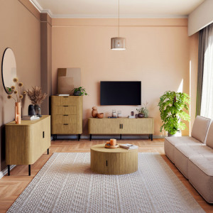 Comoda TV - Consola de dimensiuni medii Scandi MDF culoare lemn naturala cu picioare din metal negru 150x45x57.5cm - Img 2