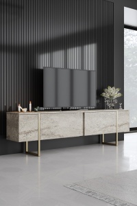 Comoda TV Model Luxe, Travertin/Auriu - Img 1