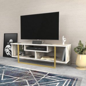 Comoda TV Salvador, Model Asal, 120x40.2x35.2 cm, Alb marmorat/Auriu - Img 3