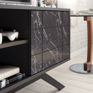Comoda TV Salvador, Model North, 130x58.6x38.6 cm, Negru/Negru marmorat - Img 3