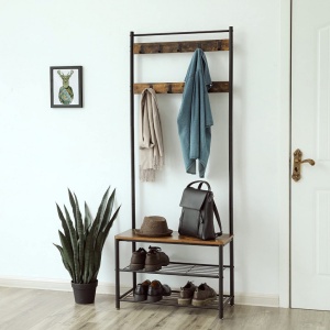 Cuier cu bancuta si suport pantofi Model Wu, Maro Rustic/Negru, 70x32.5x175 cm - Img 2