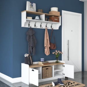 Cuier de hol cu dulap Model Bean, Alb/Nuc, 120x40x45 cm - Img 12