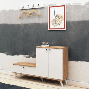 Cuier hol cu dulap Model Evva, Stejar/Alb, 120x30x76 cm - Img 2