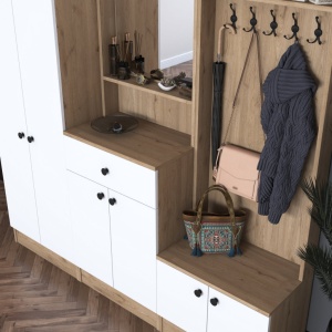 Cuier hol cu dulap Model Hood, Alb/Nuc, 179.4x35.5x182.8x cm - Img 9