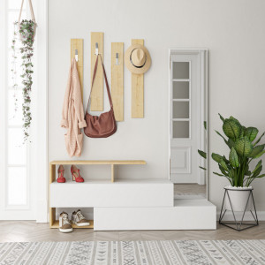Cuier hol cu dulap Model Ramda, Alb/Stejar, 137x35x54.5 cm - Img 1