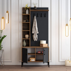 Cuier hol cu dulap Model Viyana, Nuc/Antracit, 90x35x200 cm - Img 3