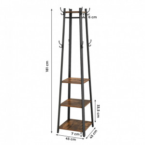 Cuier tip pom cu rafturi Model Good, Maro Rustic/Negru, 43x43x180 cm - Img 6