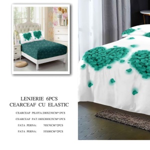 Lenjerie cu Elastic 180x200 cm, Flower Heart Verde 6 Piese (Finet) - Img 2