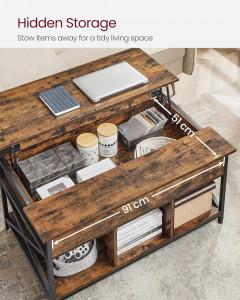Măsuță de cafea cu blat lift-up și spații de depozitare, stil industrial, Maro Rustic/Negru, 100 × 60 × 48–62 cm - Img 5