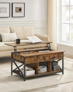 Măsuță de cafea cu blat lift-up și spații de depozitare, stil industrial, Maro Rustic/Negru, 100 × 60 × 48–62 cm - Img 2