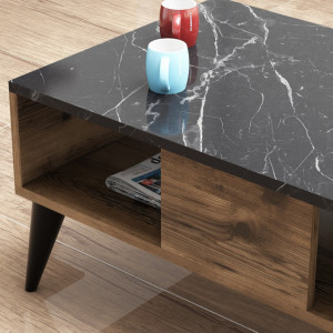 Masuta de Cafea Model Cohen, 90x54x39.6 cm, Negru marmorat/nuc - Img 5