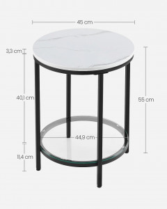Măsuță laterală VASAGLE, rotundă, cu blat din PAL și poliță din sticlă securizată, Alb tip marmură/Transparent & Negru, Ø45 x 55 cm - Img 7