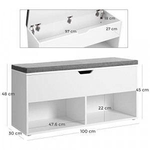 Pantofar bancuta hol cufar cu depozitare, Vasagle, Alb-Gri, 100x30x48 cm - Img 5