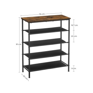 Pantofar cu 4 rafturi și blat superior, stil industrial, Maro Rustic/Negru, 75 × 30 × 91 cm - Img 5