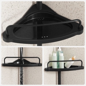 Raft de Colt Reglabil pentru Baie, cu Suport Telescopic pentru dus, 85-305 cm, de la podea pana la tavan, cu 4 Tavi, 3 Carlige, Negru - Img 7