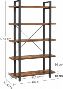 Raft pentru Cărți, cu 5 Polițe Model Mary, Maro/Negru, 105x33.5x177.5 cm - Img 4