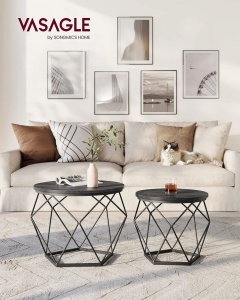 Set 2 măsuțe de cafea rotunde cu blat detașabil, cadru metalic geometric, Negru, Ø50 × 40 cm / Ø40 × 36 cm - Img 2
