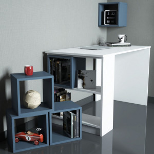 Set Birou si Biblioteca Salvador, model Box, 120x75x65 cm, Alb/Albastru - Img 2