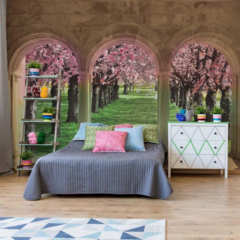 Flowering Trees Cherry Blossom View Through Stone Arches Photo Wallpaper Wall Mural
