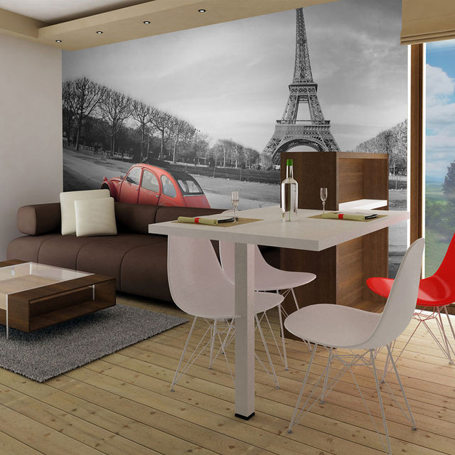 Fototapet - Eiffel Tower and red car