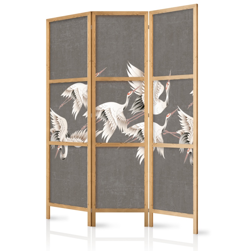 Paravan japonez - Ornament with cranes - bright bird silhouettes on grey background with texture