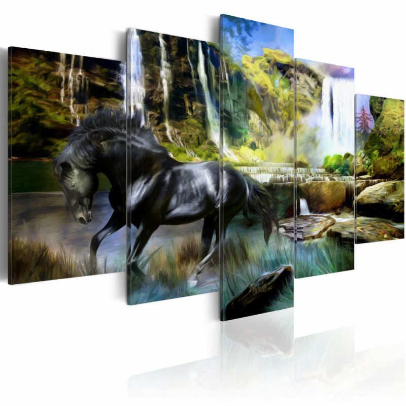 Tablou - Black horse on the background of paradise waterfall