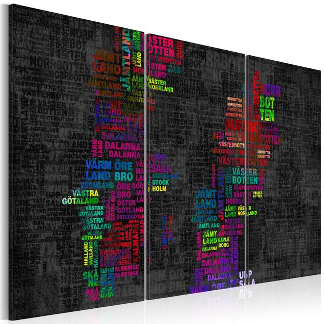 Tablou - Map of Sweden (colored names of cities) - triptych