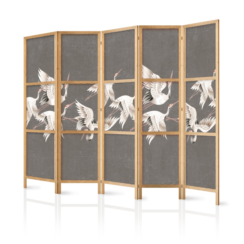 Paravan japonez - Ornament with cranes - bright bird silhouettes on a textured grey background