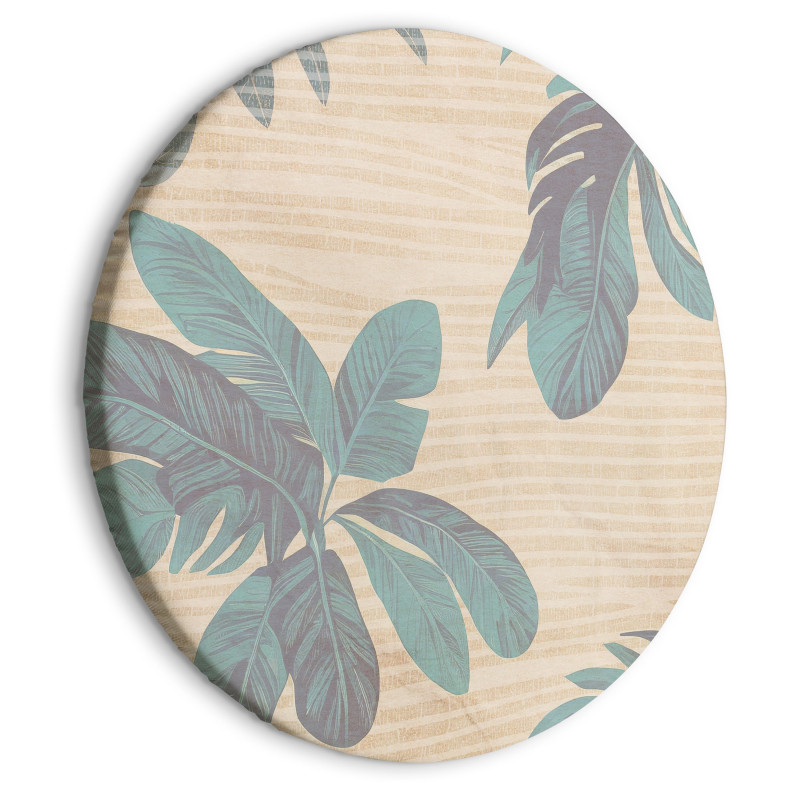 Tablou rotund - Palm trees behind the mist - Showy palm leaves in a soft shade of green on a slightly wavy sand background/Misty tropics