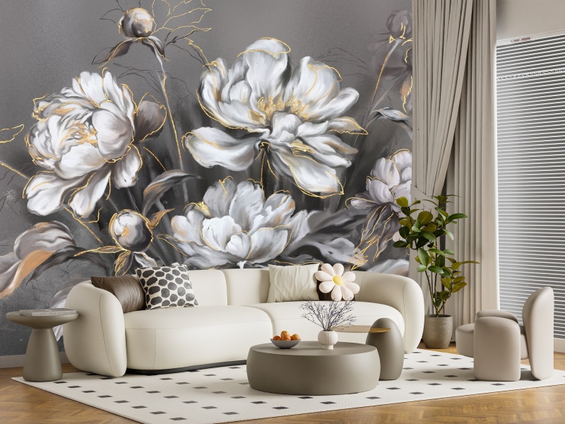 Tapet Personalizat Fantezie Florală pe Fundal Gri
