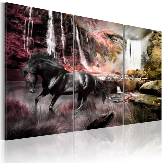 Tablou - Black horse by a waterfall