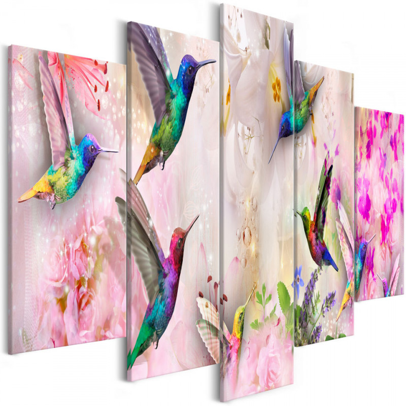 Tablou - Colourful Hummingbirds (5 Parts) Wide Pink