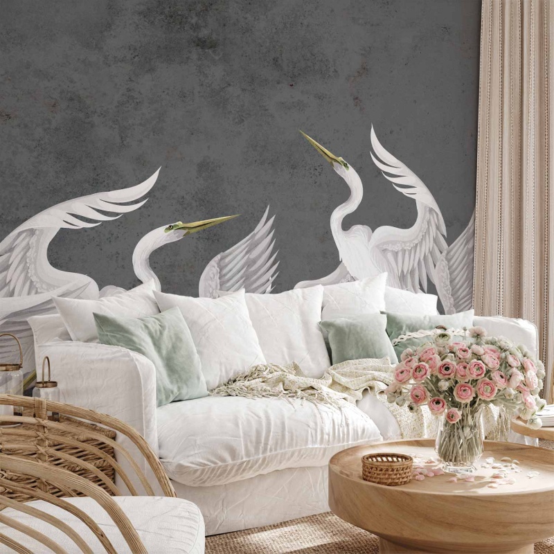 Fototapet - Flutter of wings - white herons on dark grey textured background