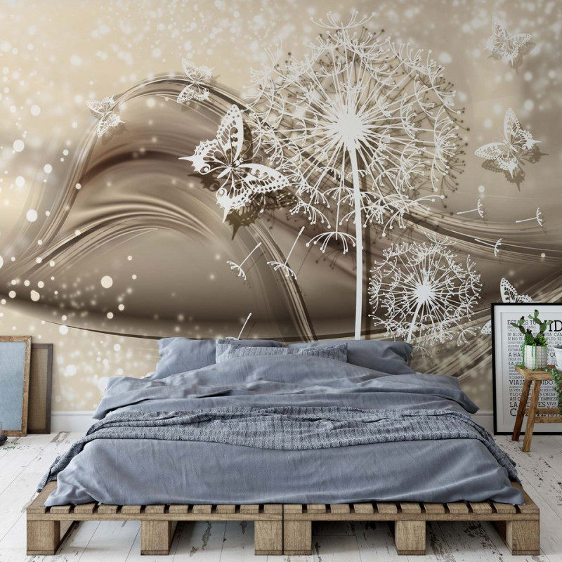 Dandelions And Butterflies Modern Design Sparkles Champagne Colour Photo Wallpaper Wall Mural