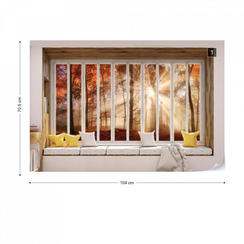 3D Window View Autumn Forest Photo Wallpaper Wall Mural - Img 1