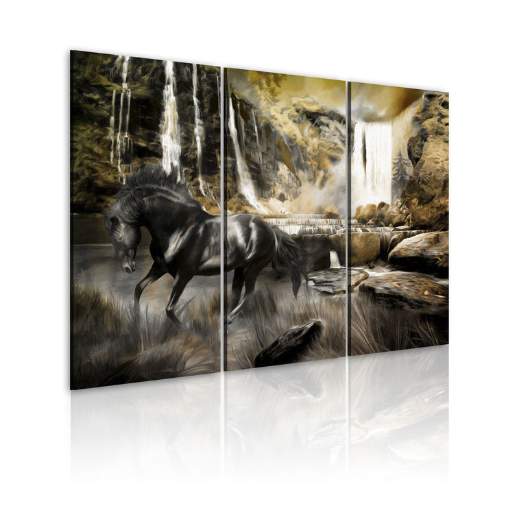 Tablou - Black horse and rocky waterfall